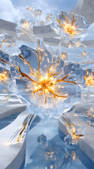 luxury icy glow fine art texture Abstract crystal flower with glowing details. macro frozen crystal sculpture detail blue luminous ice abstract background