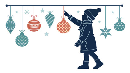 Child joyfully decorates for Christmas with festive ornaments, creating a heartwarming holiday scene of anticipation