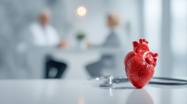 Cardiologist explaining diagnosis to patient with stethoscope and heart model on table in minimalist clinical room, soft natural light, doctor-patient consultation, medical care - Powered by Adobe