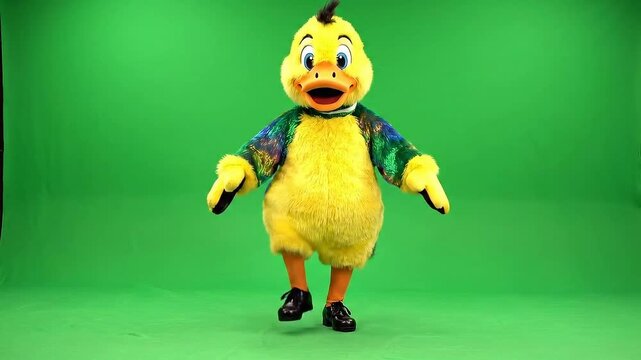 Joyful Yellow Duck Mascot Dancing Energetically on Green Screen Background with Sequined Jacket and Black Shoes