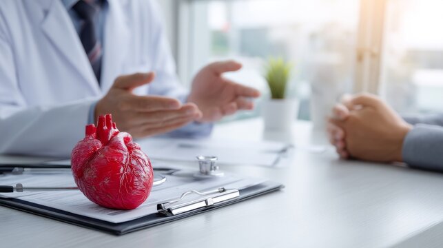 Cardiologist explaining diagnosis to patient with stethoscope and heart model on table in minimalist clinical room, soft natural light, doctor-patient consultation, medical care