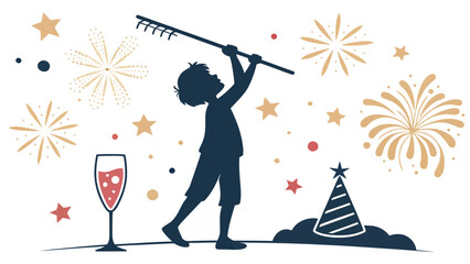 Celebrating childhood joy with fireworks, party hat, and festive cheer for holidays or new year