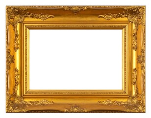 A close-up shot of a decorative, ornate, rectangular frame with golden hues and intricate carvings, isolated on white