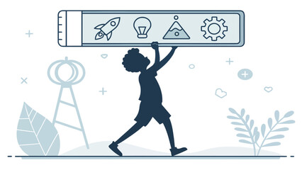 Empowered child lifts startup icons representing innovation and growth in the modern world for education