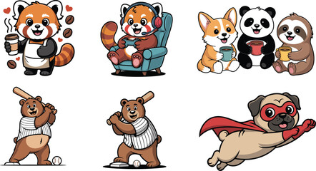 Naklejka premium Cartoon animals doing human activities illustrations set on white