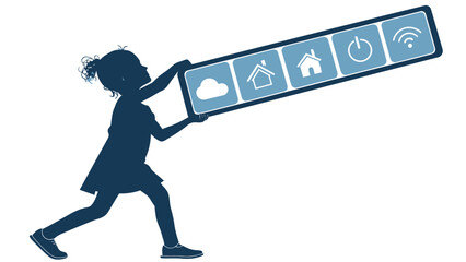 Little girl powers smart home technology with cloud, houses, on/off, and wifi network access control panel