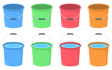 Set of empty buckets and buckets with water