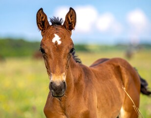 Fototapeta premium Close-up of a young foal with a white marking on its forehead
