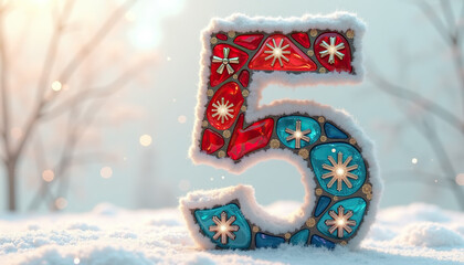 Greeting card with the number five in a winter environment with snowflakes and colored glass, the birthday concept for those who were born on the fifth in winter