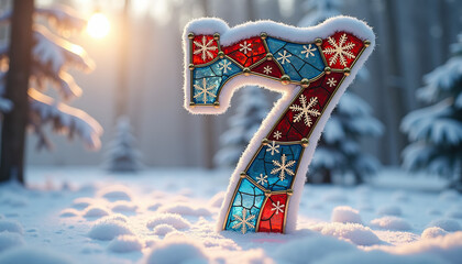 A greeting card with the number seven in a winter environment with snowflakes and colored glass, a birthday concept for those who were born on the seventh in winter