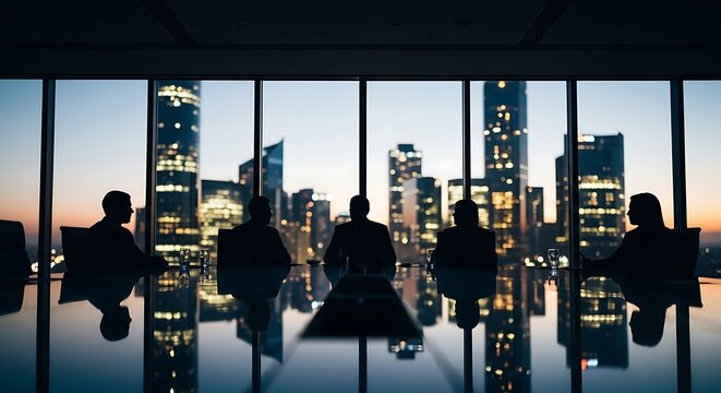 Silhouettes of business people in a modern office meeting room overlooking a city skyline at dusk