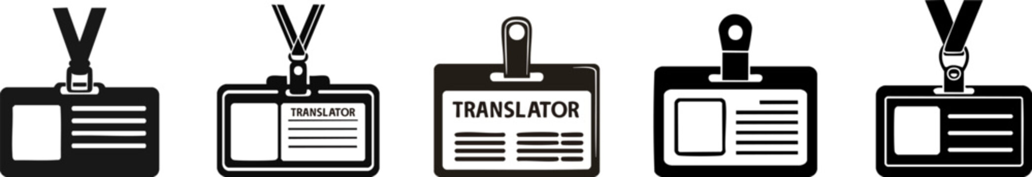 Silhouette of Professional Language Services. Five ID badges in black and white, showcasing various titles, emphasizing themes of identity and professional roles.