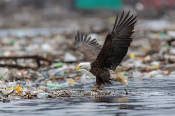 Eagle struggles to navigate through plastic waste in a polluted waterway affecting wildlife and natural habitats