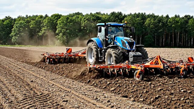 Blue modern tractor cultivating a field with an orange disc harrow attachment under a partly cloudy sky