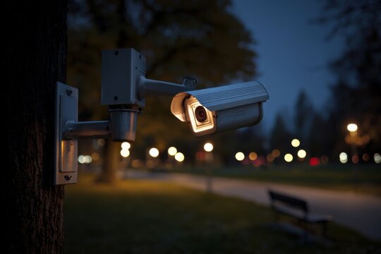 Nighttime surveillance camera monitors activities in city park for enhanced security and safety measures