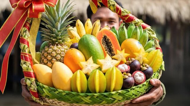 Man holds a vibrant basket overflowing with diverse tropical fruits decorated with a red bow