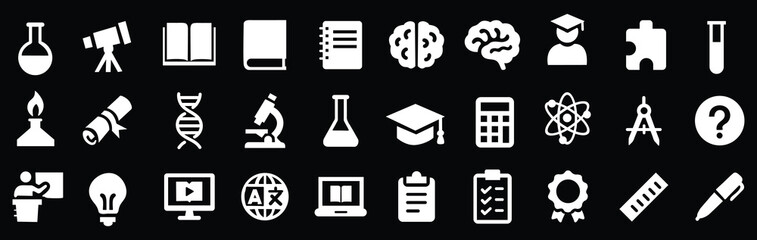 Education and science glyph icon set. Vector pictograms of atom, microscope, test tube, flask, telescope, dna, laptop, checklist, clipboard, black sign silhouette illustration. © Bushra