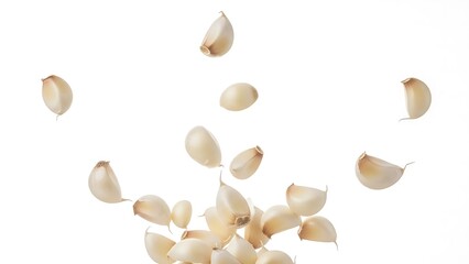 Close-up shot of many fresh garlic cloves falling and scattering against a white background