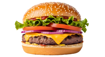 Juicy American cheeseburger stacked high with fresh ingredients for fast food advertising. isolated PNG with Transparent Background