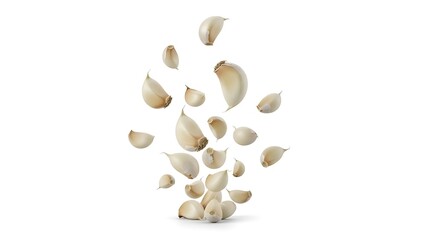 Freshly peeled garlic cloves dynamically suspended and falling in mid-air, showcasing their culinary readiness and natural aroma against a pure white background