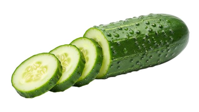 Fresh green cucumber with slices isolated on white background