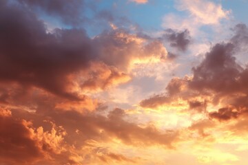 Stunning sunset sky with vibrant clouds and warm colors painted across the horizon during the evening hours, creating a serene and tranquil atmosphere above the landscape