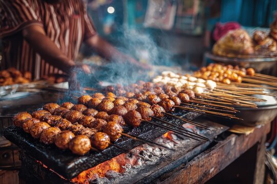 Street food vendor selling skewered meatballs at a bustling market during a sunny afternoon