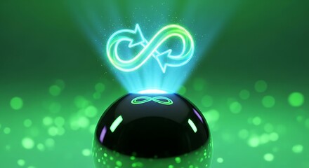 Holographic infinity symbol glowing with blue light emanating from a black sphere