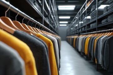 Fototapeta premium Rows of colorful clothing on hangers arranged neatly inside a modern warehouse showcasing various styles and textures