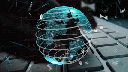 Futuristic digital visualization of a global network shows data and charts over a keyboard, highlighting the intersection of technology and information analysis. Xenic - Powered by Adobe