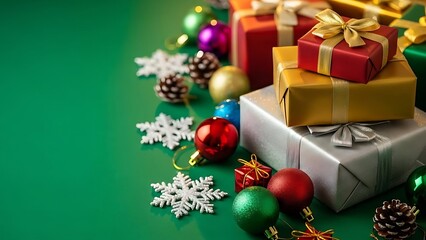 Festive Holiday Gifts and Ornaments Scattered on a Vibrant Green Surface, Ready for Celebration