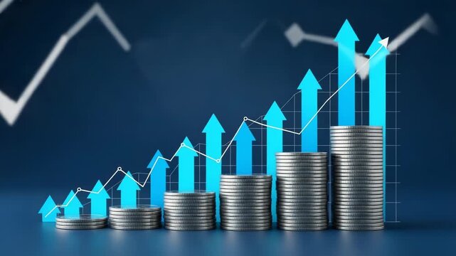 Stack of coins with upward trend line and arrows on a blue background