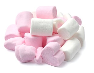 A close-up shot of a fluffy pile of marshmallows in various shades of pink and white, isolated on a white background