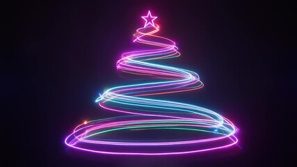 Vibrant Neon Light Trail Abstract Tree with Glowing Star Topper on Dark Background - Powered by Adobe