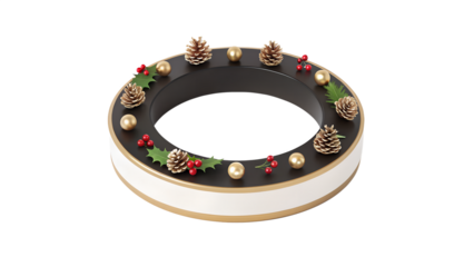 Elegant Christmas wreath with red bow, gold baubles, holly leaves, pinecones and red berries on a soft beige background — realistic 3D festive holiday decoration perfect banner landscape background