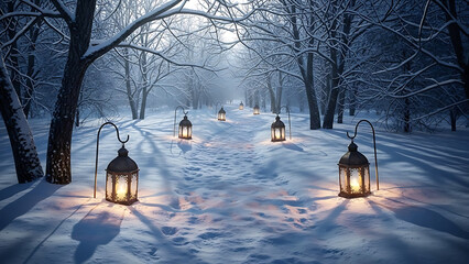 Winter's Path Lanterns Illuminate a Snowy Forest Trail