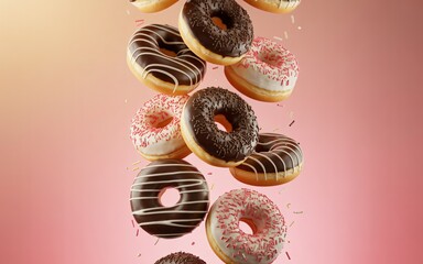  A variety of colorful donuts tumble through the air against a soft pink gradient background. 