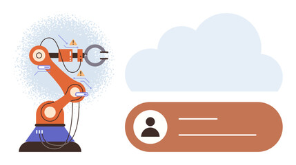 Robotic arm near cloud symbol and user interface element with avatar suggest tech connectivity, data, and AI. Ideal for automation, industry 4.0, IoT, digital transformation, innovation user