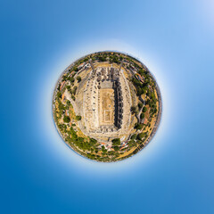 Didim, Turkey. Creative 360 aerial panoramic asteroid perspective showing Temple of Apollo ruins geometry and columns arrangement from above. 360 degree aerial panoramic asteroid