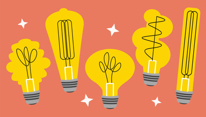 Various Lightbulbs Doodle Style, New Idea and Innovation Brainstorming Session