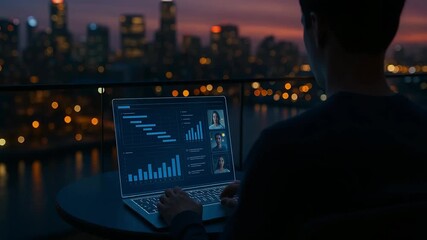 Futuristic Remote Work at Night, Professional Analyzing Holographic Business Data and Video Conference Dashboard with City Skyline in Background - Powered by Adobe
