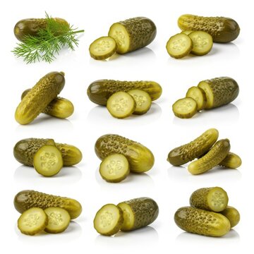Fresh dill pickles variety collection multiple angles sliced whole and sprigs isolated on white background
