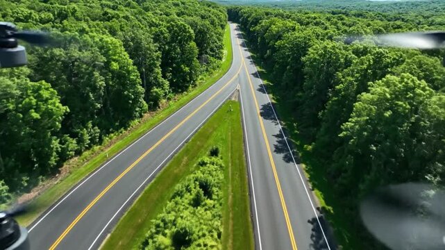Drone Footage Aerial View of a Road Splitting Through a Lush Green Forest