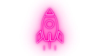Neon rocket icon launching upwards into a bright pink illuminated circle on a dark magenta background, isolated on transparent background