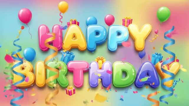 Colorful animated happy birthday text with confetti and ribbons