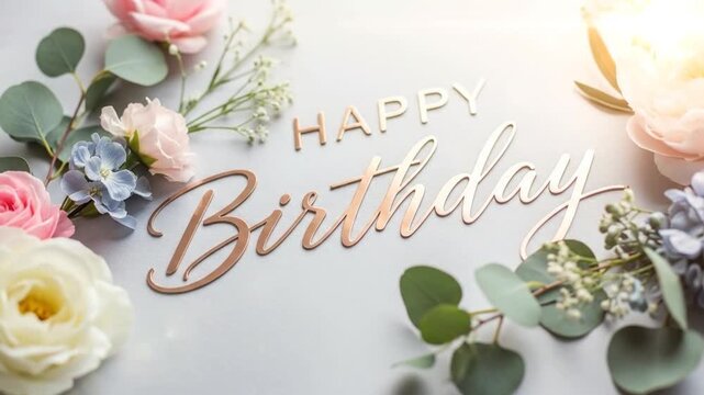 Elegant happy birthday greeting with floral arrangement and soft lighting