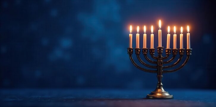 Burning Hanukkah menorah against a deep blue background , december, background, candlelight
