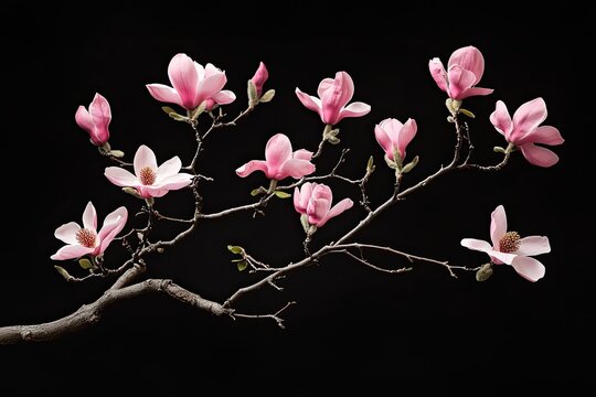 A delicate branch adorned with pink flowers, set against a stark black background.