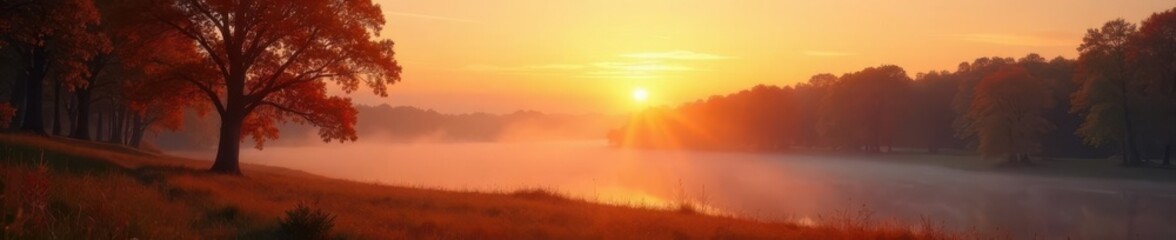 Obraz premium Misty sunrise paints golden hues across autumnal park panorama , leaves, morning, atmosphere