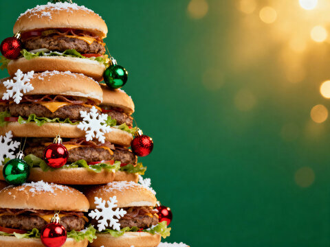 Festive cheeseburger Christmas tree with ornaments and snowflakes - Powered by Adobe